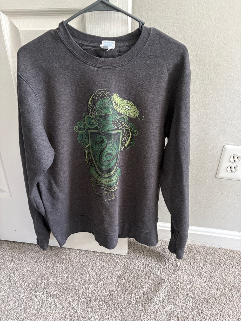 Port and Company Charcoal Gray Crewneck with Green Slytherin Crest